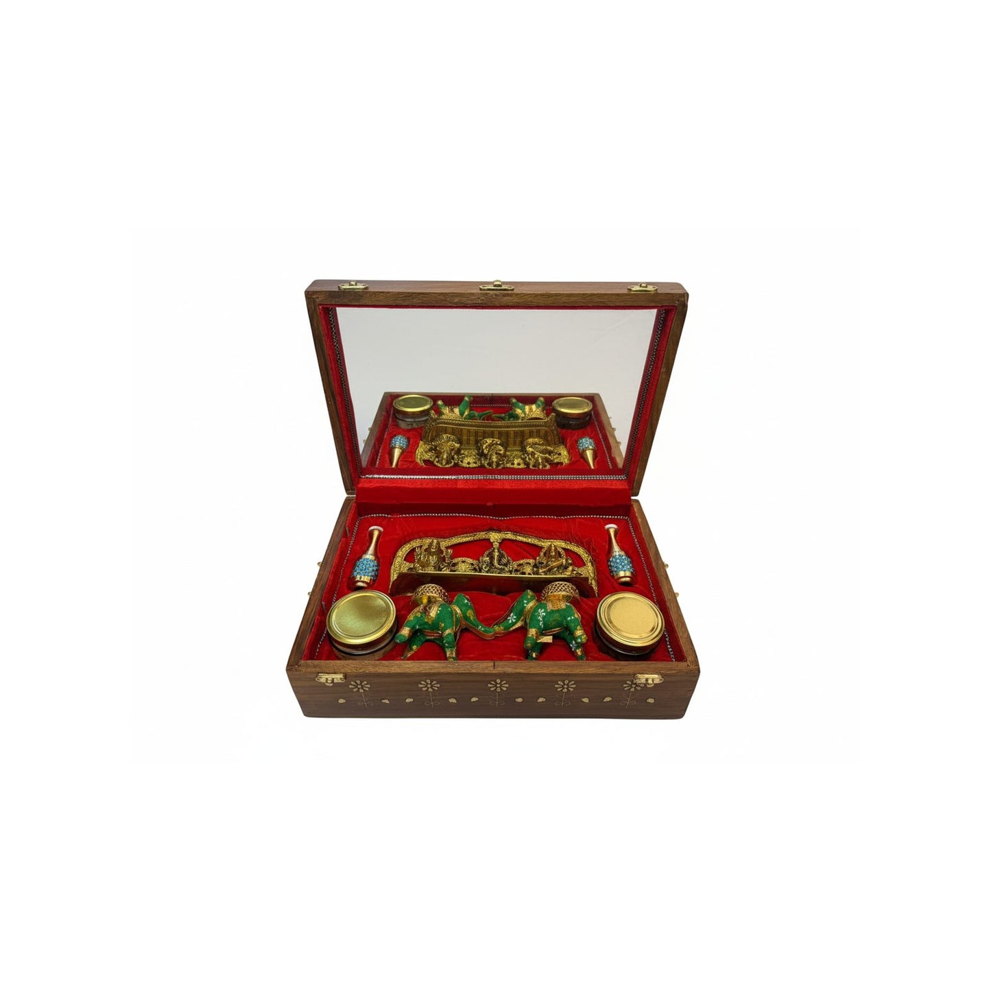 MaatiiRang Handcrafted Wooden Puja Box with metal Ganesh, Lakshmu and Saraswati Ji Idol